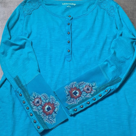 Soft Surroundings Anslie Maxi Dress Womens 1X Blue Embroidered Floral Boho Plus - Picture 6 of 10